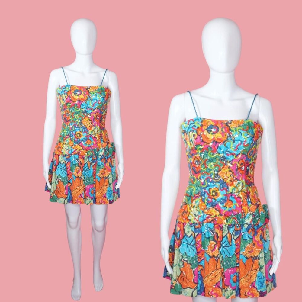 1980s-1990s MIGNON NEW YORK Sequin Floral Mini Dress W/Drop Waist & Rosettes. XS